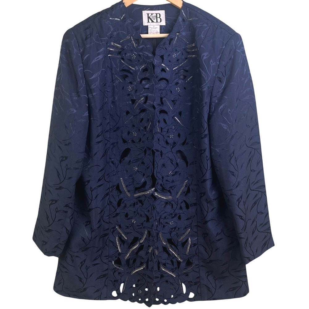Y2K Stella Louise For KB Blue Beaded Laser Cut Scroll Work Formal Blazer Size 20